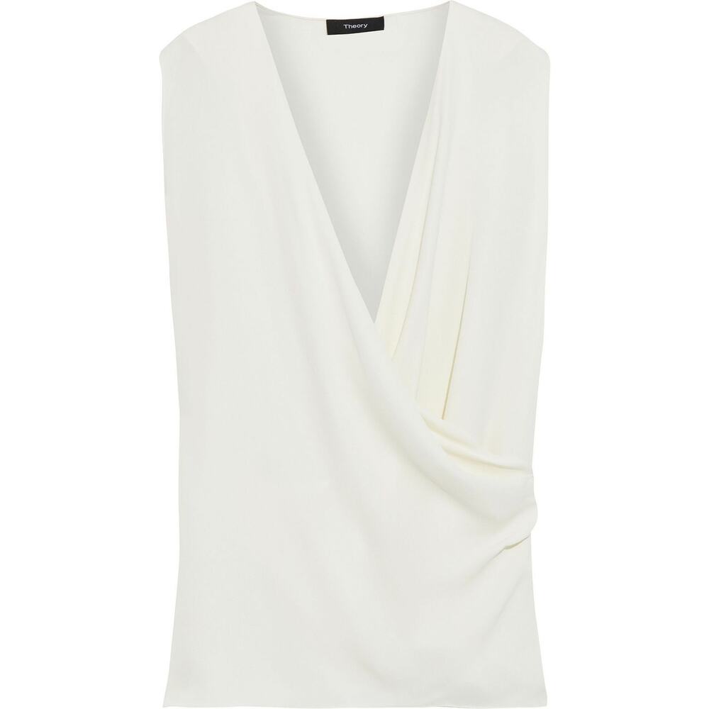 Theory Wrap-effect Draped Silk Crepe de Chine Top Sleeveless Blouse (S)